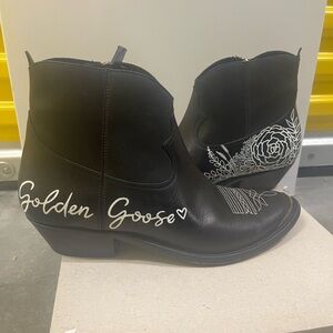 Golden Goose Black Ankle Boots with White Floral Design